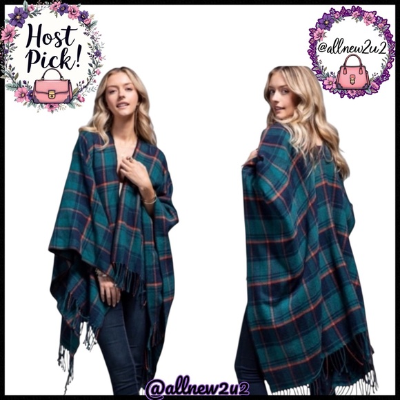 Sweaters - New Ruana Teal Plaid Fringe Poncho New with Rags Tartan Green Blue Host Pick